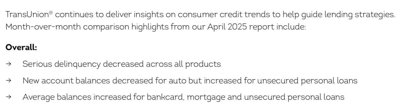 Screenshot from the Transunion April Credit Industry Snapshot Report